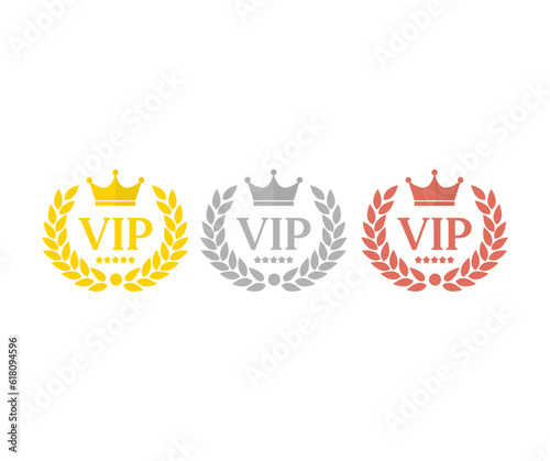 Gold, silver and bronze vip icon, label, badge or tag. Vip icons with crown and stars. Round label with three vip level in gold, silver and bronze color vector design and illustration.