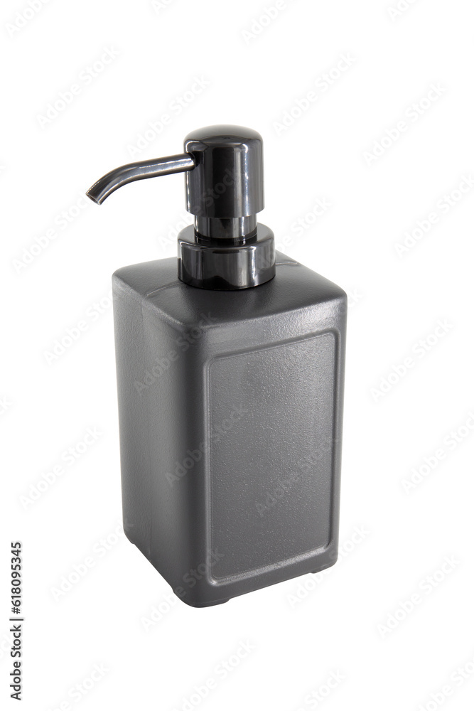 Obraz premium Black cosmetic plastic bottle with dispenser isolated on white background