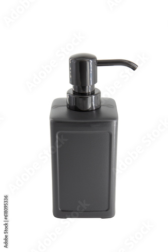 Black cosmetic plastic bottle with dispenser isolated on white background