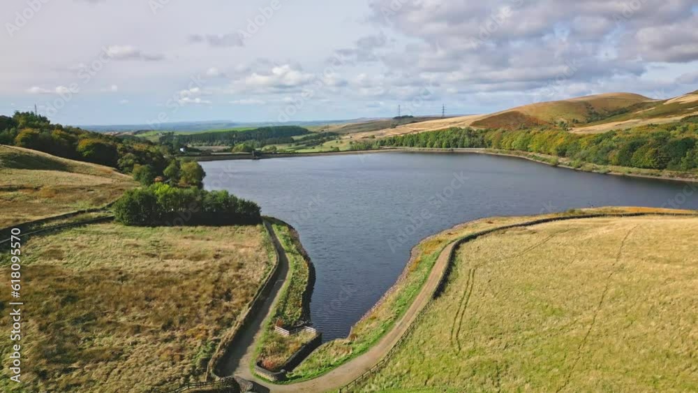 Cinematic, aerial clip of Ogden Reservoir, Oldham, on the edge of the Pennines. Cinematic, aerial clip of Ogden Reservoir, Oldham, on the edge of the Pennines.