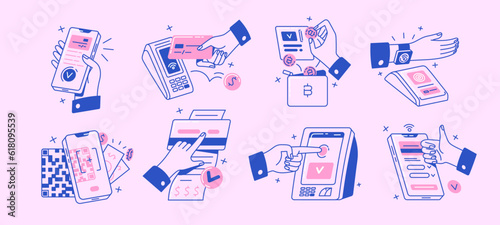 Contactless cashless wireless payment set. Hands paying with bank debit cards, POS terminal, QR scanner, mobile phone app and smart watch. Flat graphic vector illustration isolated on white background