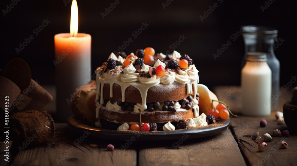 A Birthday Cake with Candles on a Rustic Wooden Table A Birthday Cake with Candles on a Rustic Wooden Table