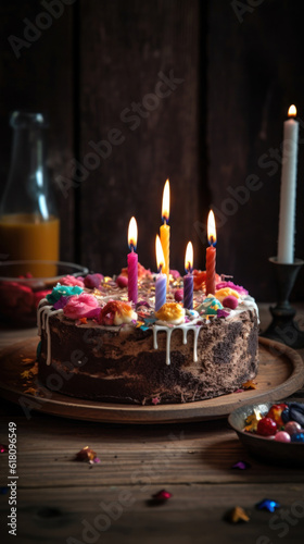 A Birthday Cake with Candles on a Rustic Wooden Table