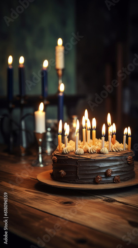 A Birthday Cake with Candles on a Rustic Wooden Table