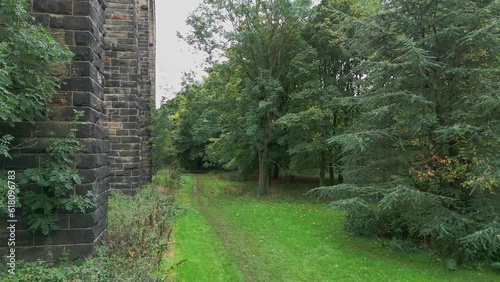 Cinematic aerial clip shot from a public park at the base of the Penistone Railway Viaduct photo