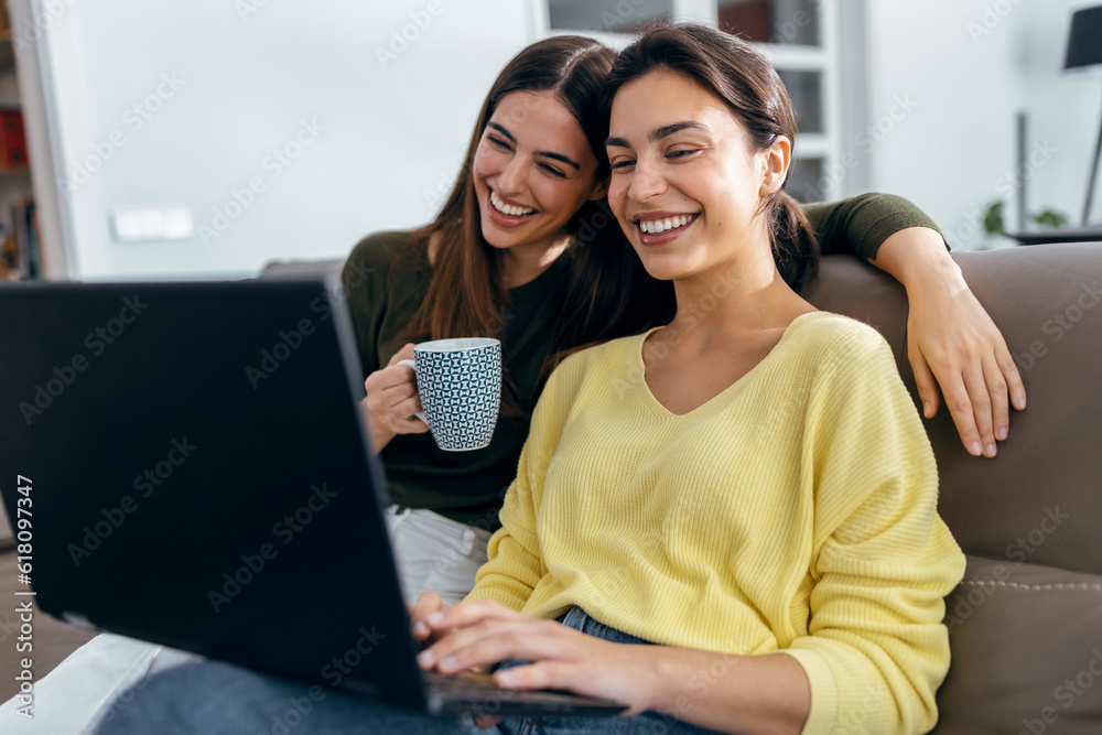 Two happy beautiful women doing a video call sitting on the couch at home. Two happy beautiful women doing a video call sitting on the couch at home.