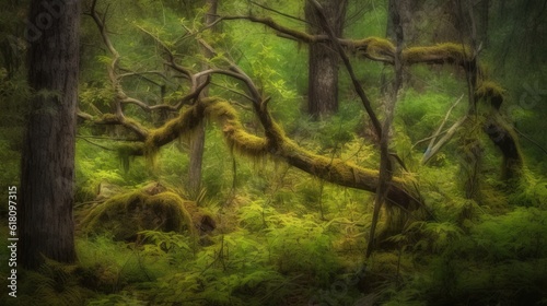  a painting of a forest with moss growing on the trees.  generative ai