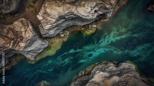  an aerial view of a body of water surrounded by rocks. generative ai
