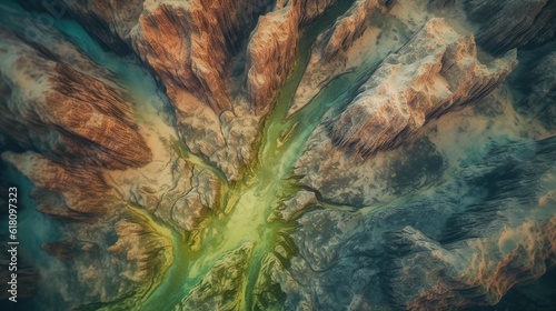  an aerial view of a mountain range with a river running through it. generative ai