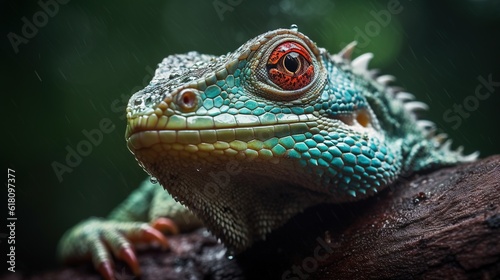  a close up of a lizard on a branch in the rain.  generative ai © Jevjenijs