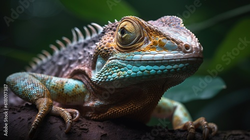  a close up of a lizard on a branch with leaves in the background.  generative ai