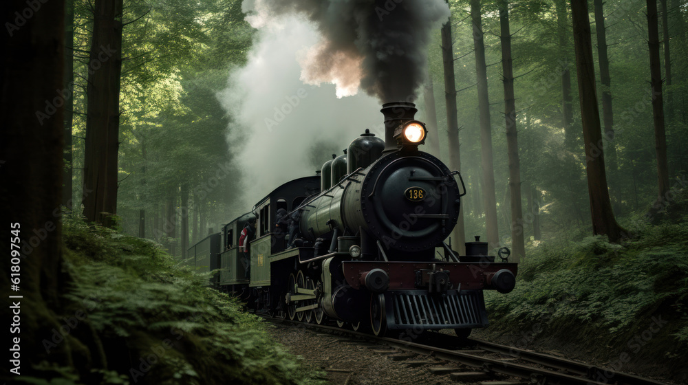 Fototapeta premium A Steam Locomotive in a Green Beech Forest