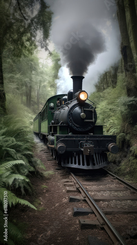 A Steam Locomotive in a Green Beech Forest