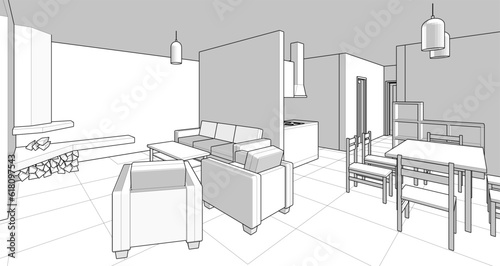 interior kitchen living room 3d illustration