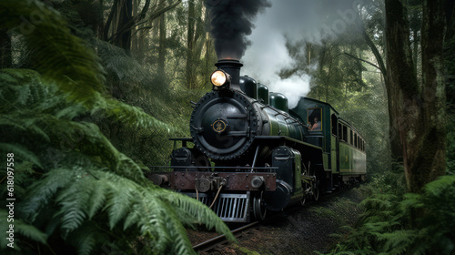 A Steam Locomotive in a Green Beech Forest
