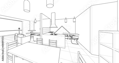 interior kitchen living room 3d illustration