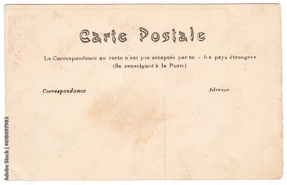 Naklejka premium Back of an unused vintage postcard, France, circa 1910