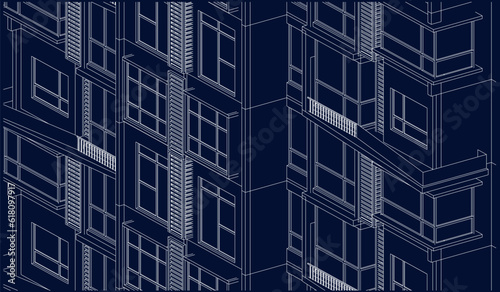 Illustration of an apartment facade, line drawing blueprint
