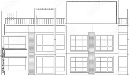 Illustration of an apartment facade, line drawing blueprint