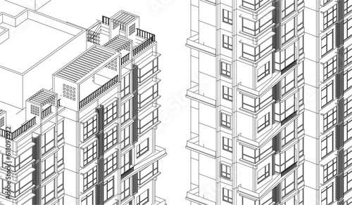 Illustration of an apartment facade, line drawing blueprint