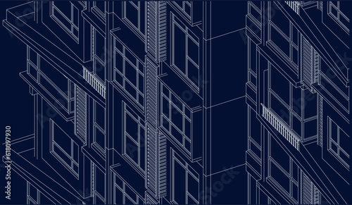 Illustration of an apartment facade, line drawing blueprint