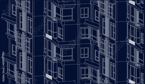 Illustration of an apartment facade, line drawing blueprint
