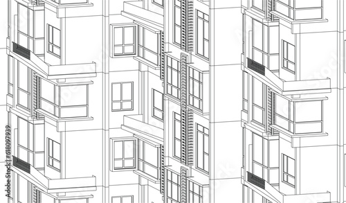Illustration of an apartment facade, line drawing blueprint
