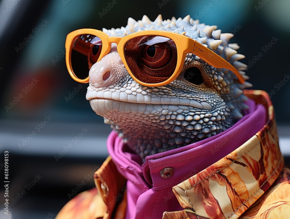 Funny and creative art: an iguana with glasses and a vivid jacket - generated by AI