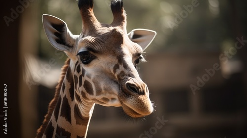  a close up of a giraffe's head with trees in the background.  generative ai © Jevjenijs
