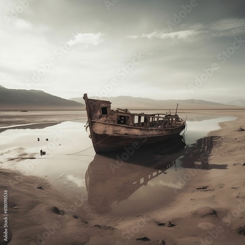 AI generated illustration of a broken wooden boat in shallow water near a shoreline