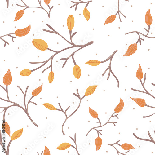 Seamless pattern with twigs and leaves. Autumn design. Thanksgiving and harvest concept. Modern print for fabric, textiles, wrapping paper. Vector illustration