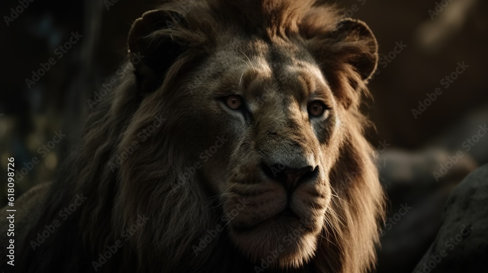  a close up of a lion with a blurry background.  generative ai