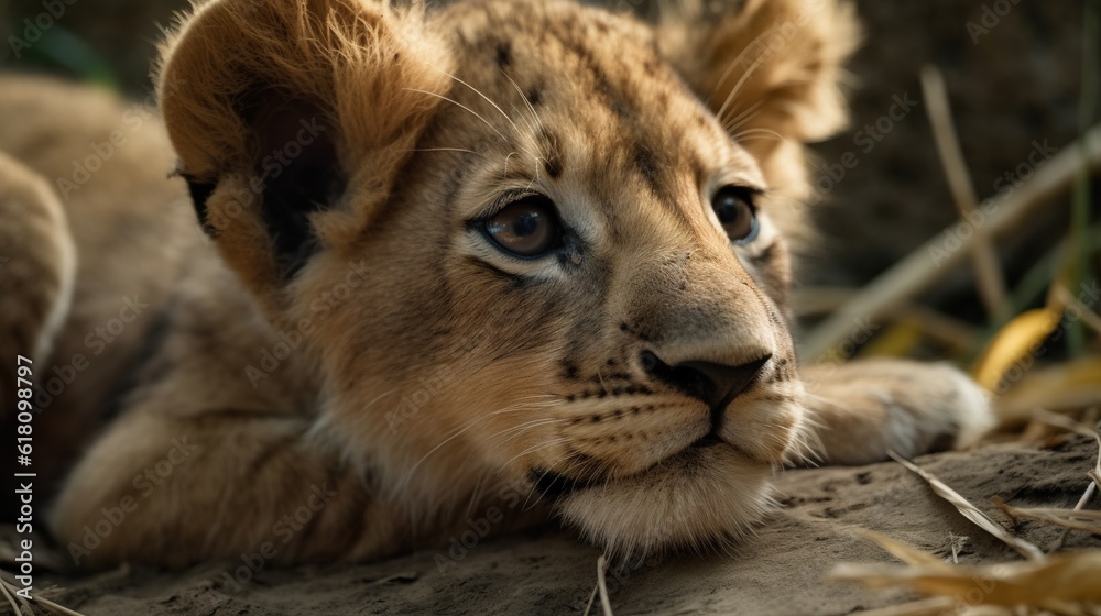 a young lion cub rests on the ground in the sun. generative ai a young lion cub rests on the ground in the sun. generative ai