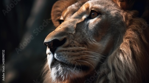  a close up of a lion's face with a blurry background.  generative ai © Jevjenijs