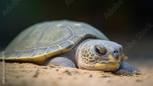  a close up of a turtle on a sandy ground with a blurry background. generative ai