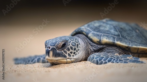  a close up of a turtle laying on the ground with its eyes closed. generative ai