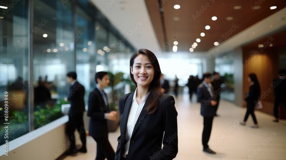A happy young leader coach mentor businesswoman smile at group business meeting in modern office, corporate team people engaged in talking at work, Generative AI