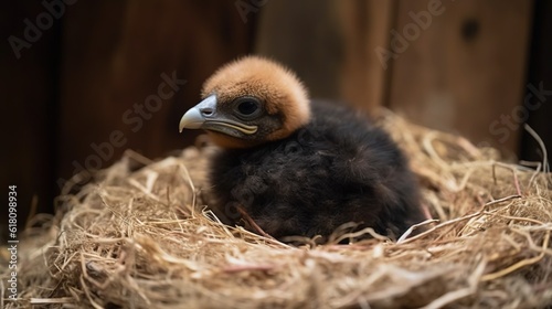  a baby bird is sitting in a nest of hay and straw.  generative ai