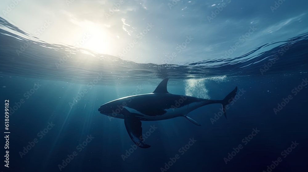 a shark swimming in the ocean with the sun shining through the water. generative ai a shark swimming in the ocean with the sun shining through the water. generative ai