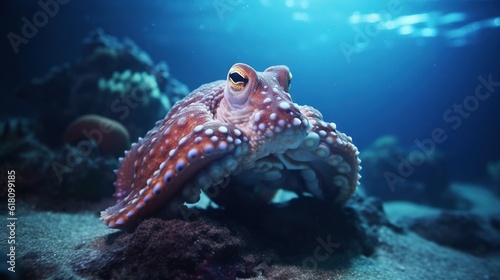  an octopus is sitting on a rock in the ocean water. generative ai