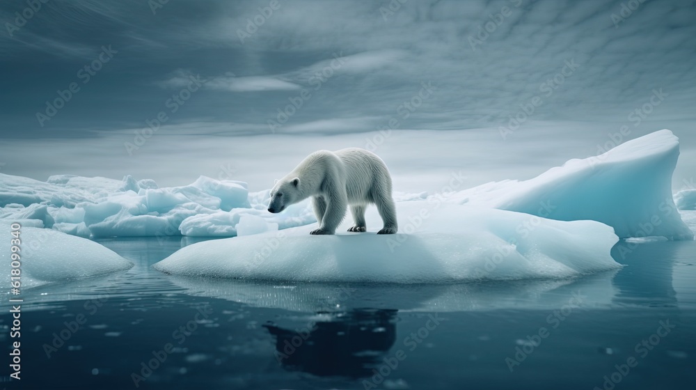  a polar bear standing on an iceberg in the ocean.  generative ai