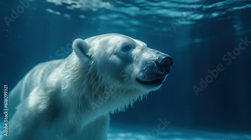  a polar bear swimming in the water with bubbles of water around it.  generative ai