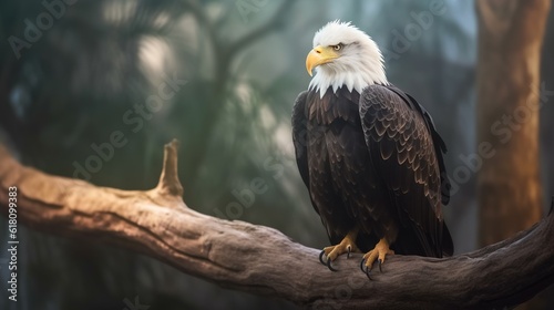  a bald eagle perched on a tree branch in a forest.  generative ai