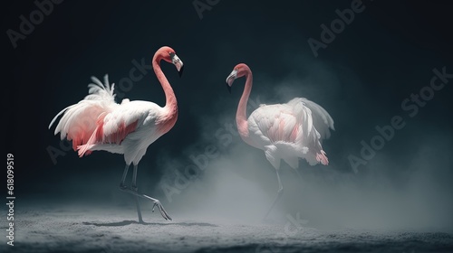  two flamingos are standing in the dust on a dark background.  generative ai