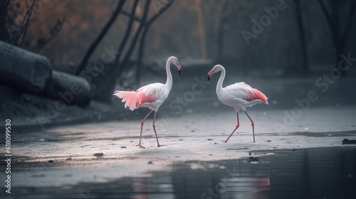  two flamingos are standing in the water near some trees.  generative ai