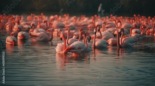  a large group of flamingos in a body of water. generative ai