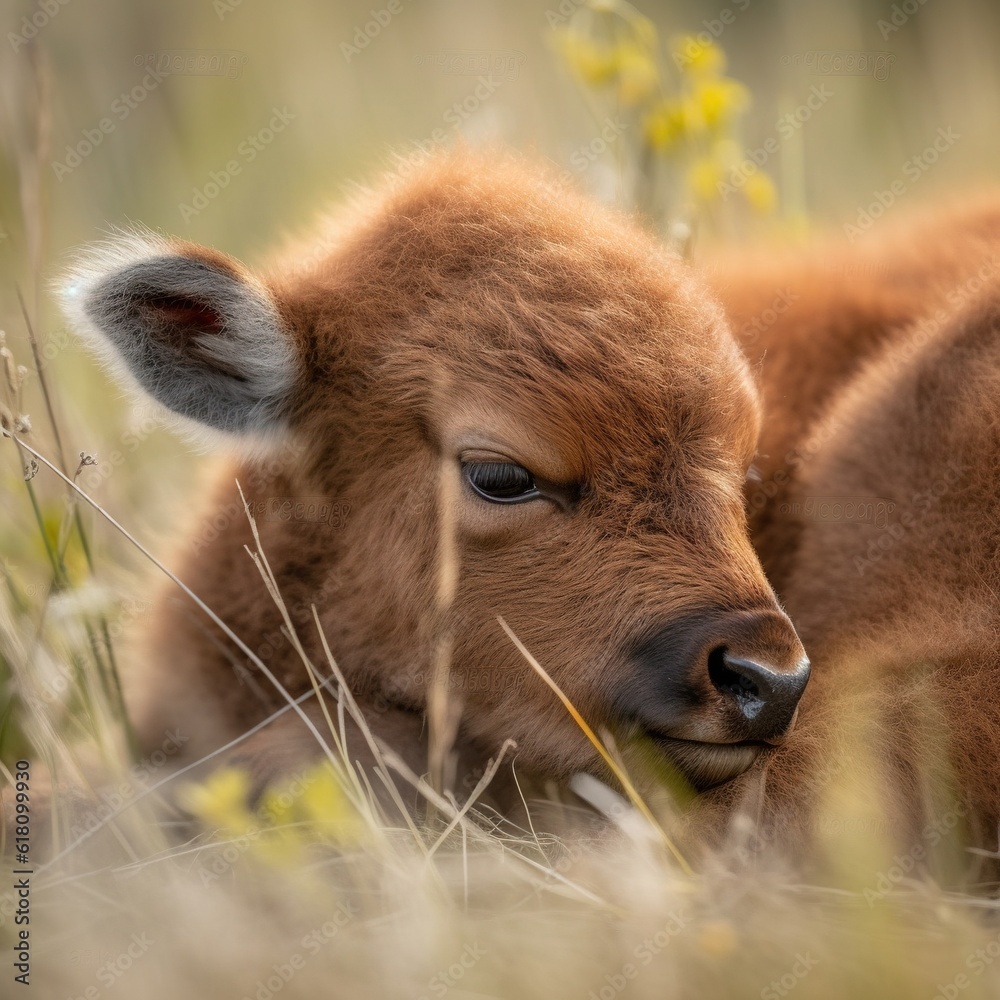  a baby calf is laying down in a field of tall grass.  generative ai