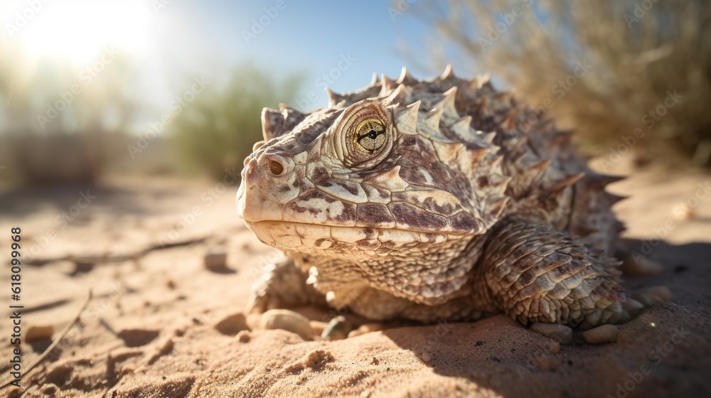 a close up of a lizard on a dirt ground near bushes. generative ai a close up of a lizard on a dirt ground near bushes. generative ai