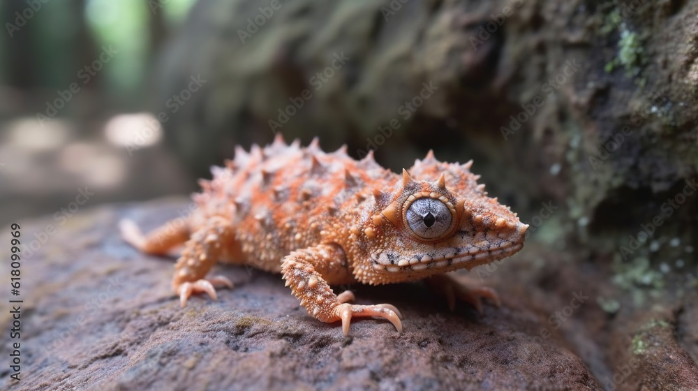 a small orange lizard sitting on a rock in the woods. generative ai a small orange lizard sitting on a rock in the woods. generative ai