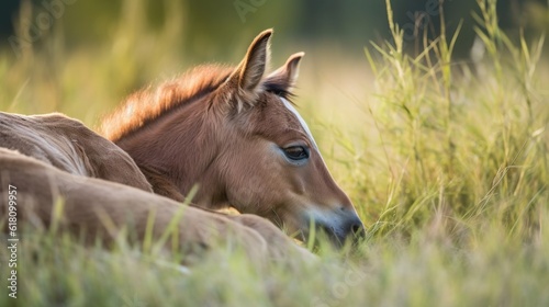  two horses laying down in a field of tall green grass.  generative ai